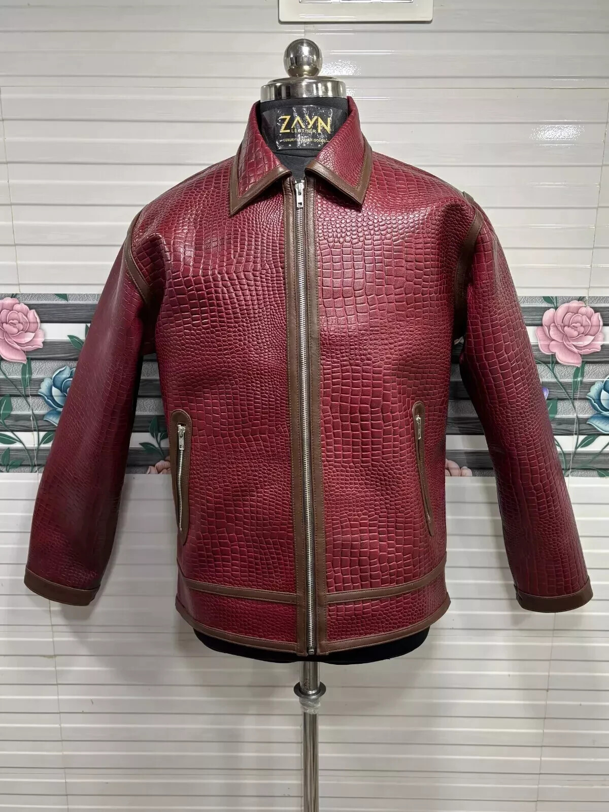 Men's Maroon Crocodile Pattern Motorcycle Alligator Real Luxury Leather Jacket