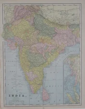 Original 1893 Map BRITISH RAJ INDIA Bombay Calcutta Delhi Madras Lahore Bhotan
