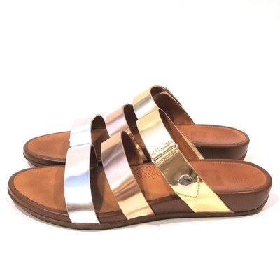 metallic slip on sandals