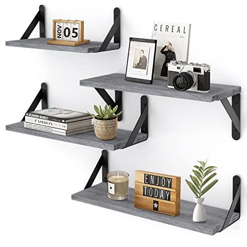YGEOMER Floating Shelves, Set of 4, Gray Wood Wall Mounted Shelf