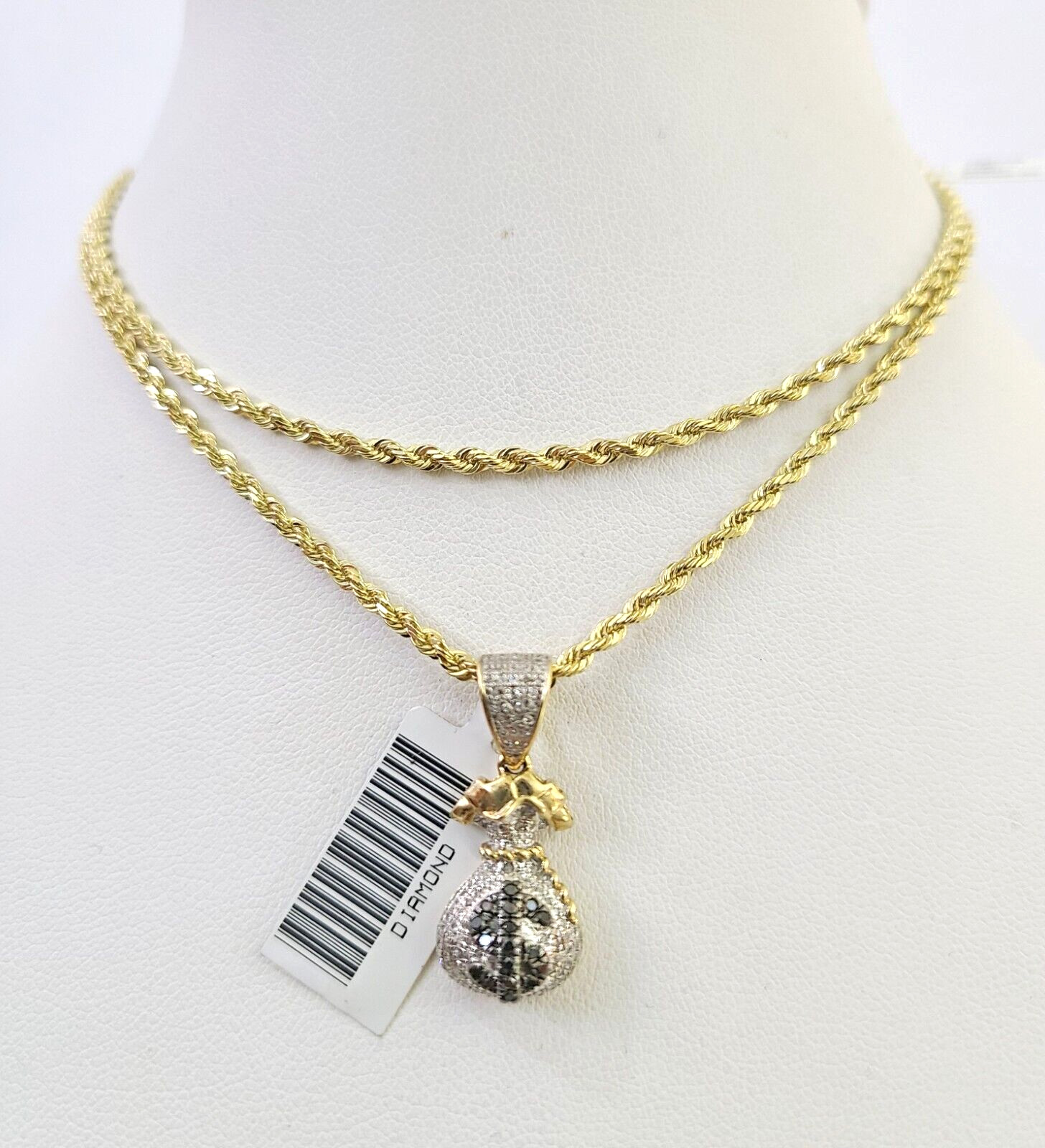 10k Solid Rope Chain 2mm Money Bag Diamond Pendant Charm Necklace