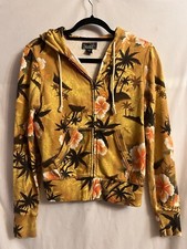 90  s Y2K Lucky Brand Womens Floral Hawaiian Full Zip Hoodie Yellow Tropical S