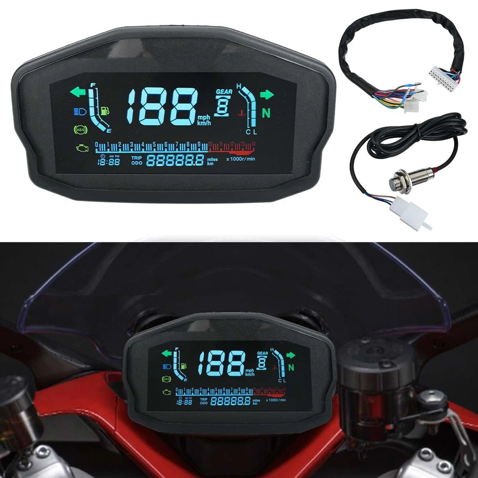 Universal Motorcycle LCD Digital Odometer Speedometer Tachometer KM/H MPH Gauge - Image 2 of 4