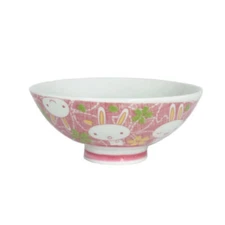 Japanese Children Rice Soup Bowl 4.25"D Porcelain Pink Rabbits Made in Japan