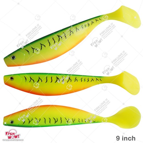 Fish WOW! 9" Shad Peddle Tail Swimbait Fishing Soft Lure Bait lot Green Mackerel - Afbeelding 5 van 9