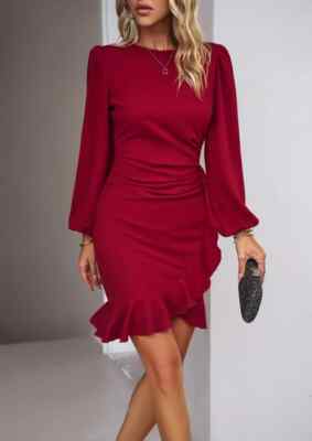 Tubino Vestito Abito Donna Elegante Manica Lunga Rosso Slim Maglia