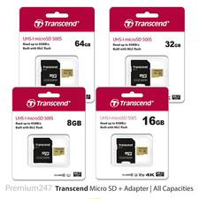 Transcend 8/16/32/64GB Microsdxc 500S Memory Card With Adapter C10 U3 V30 4K