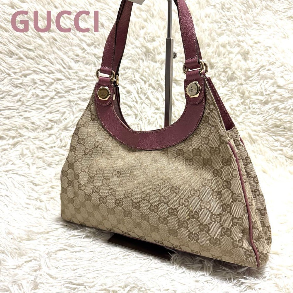 Gucci GG Canvas Tote Bag Beige Pink Authentic Used Excellent++ Japan Authentic