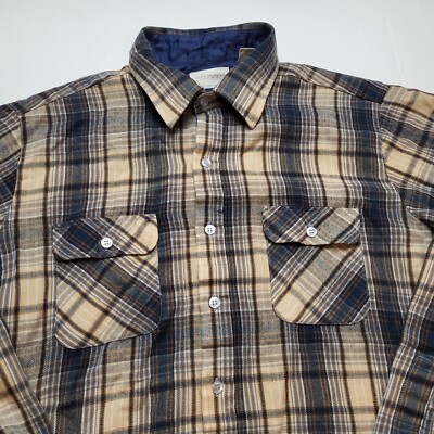 Vtg Arrow Flannel Shirt Mens L Brown Blue Plaid Long Sleeve
