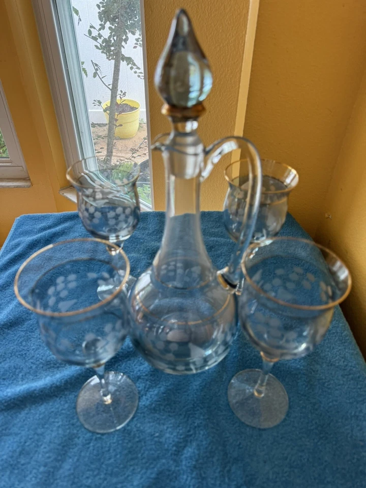 Juego de jarra de 5 piezas de cristal azul rumano ~ decantador con 4 vasos de copa ~ Katherine Foto 2 de 4