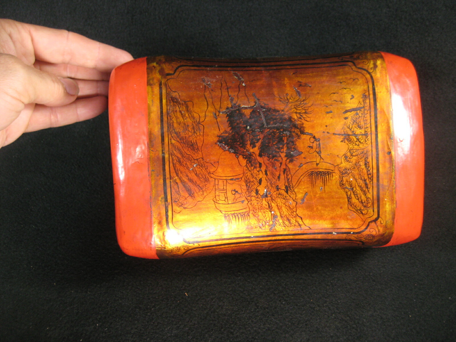 Image 21 - ANTIQUE CHINESE QING DYNASTY RED LACQUERED WOOD &amp;amp; LEATHER PAINTED PILLOW ~ 