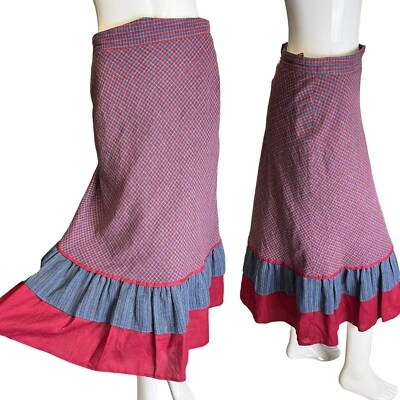 Vintage 70er Jahre Rock Karierter Wolle Midi 10 Bauern Gekocht Rot/Blau Landhaus - Bild 1 von 4