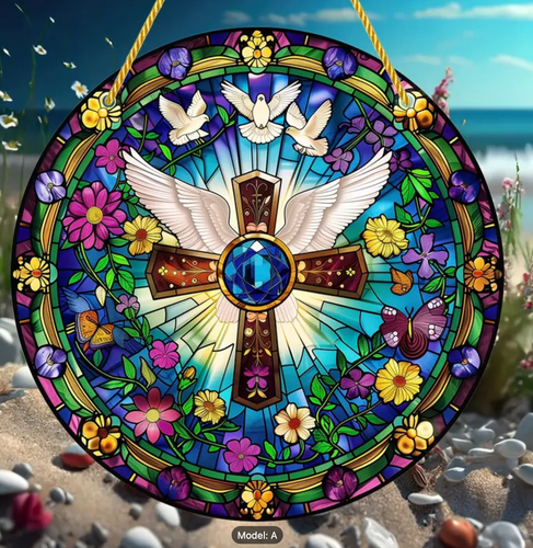 Stunning Acrylic Cross Suncatcher, w/Angel Wings & Doves, Stained Glass Look, 8" - Picture 5 of 11