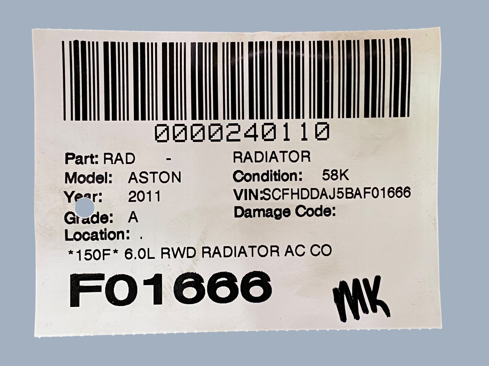 2010-2019 Aston Martin Rapide DDAJ 6.0L RWD RADIATOR AC CONDENSOR /FAN PACK ASSY