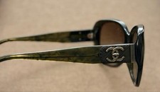 CHANEL Leather Logo Khaki Sunglasses Rare Eyewear Used Authentic Vintage France