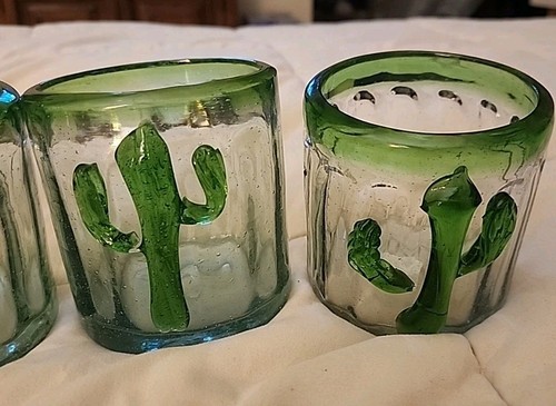 4 Classic Mexican Hand-Blown Green Cactus Bubbles Rocks Water Glasses 8 oz /K - Picture 5 of 15