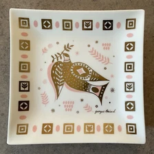 GEORGES BRIARD :: Vintage 8” Square TRAY “Peace Dove” WHITE GLASS 1960’s