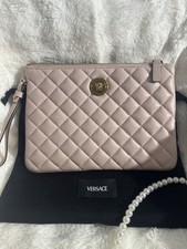 Versace Light Pink Quilted Clutch with Medusa Logo, Gold Hardware Wrist Strap