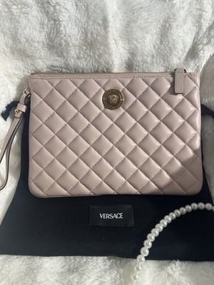 Versace Light Pink Quilted Clutch with Medusa Logo, Gold Hardware & Wrist Strap