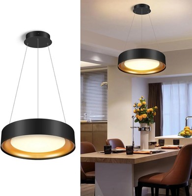 Drum Chandelier Round Black and Gold Dimmable Hanging Lights, ETL Listed
