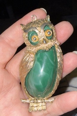 HUGE 3.5  Vintage Owl Pendant  Gold And Green Marbled Lucite Jelly Belly