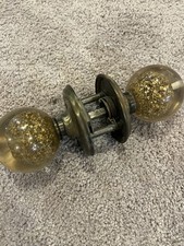 Vintage Lucite Door Knobs Gold Fleck Acrylic Brass Spindle Mid Century Pair
