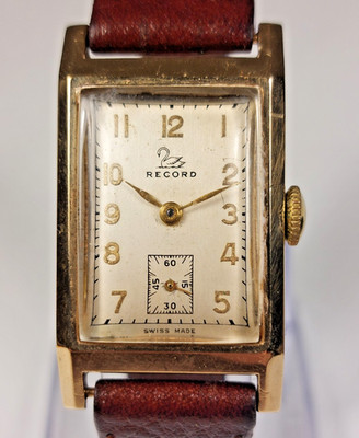 9CT GOLD RECORD TANK WATCH - Hand Winding Mens Vintage 1950s Rectangular RUNNING