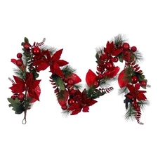 Vickerman 72" Merry Red Poinsettia. Ball. and Fern Decorated Garland.