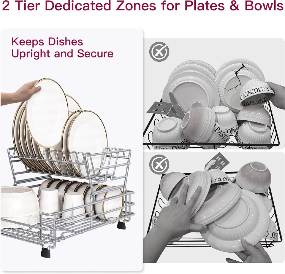  Estante de secado de escurridores de platos grandes de acero inoxidable rojo de 2 niveles para mostrador de cocina  Foto 3 de 4