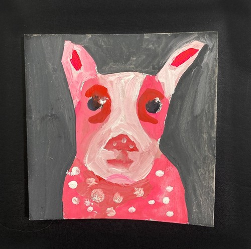 Original Bunny Portrait Painting Pink Rabbit Naive Square Mini Expressive Art - Picture 1 of 11