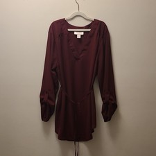 Motherhood Maternity Burgundy V-Neck Long Sleeve Blouson Belted Dress Size M
