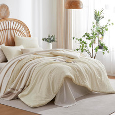 Cream Boho Seersucker Comforter Set Queen Size, Ivory Textured Lightweight Breat