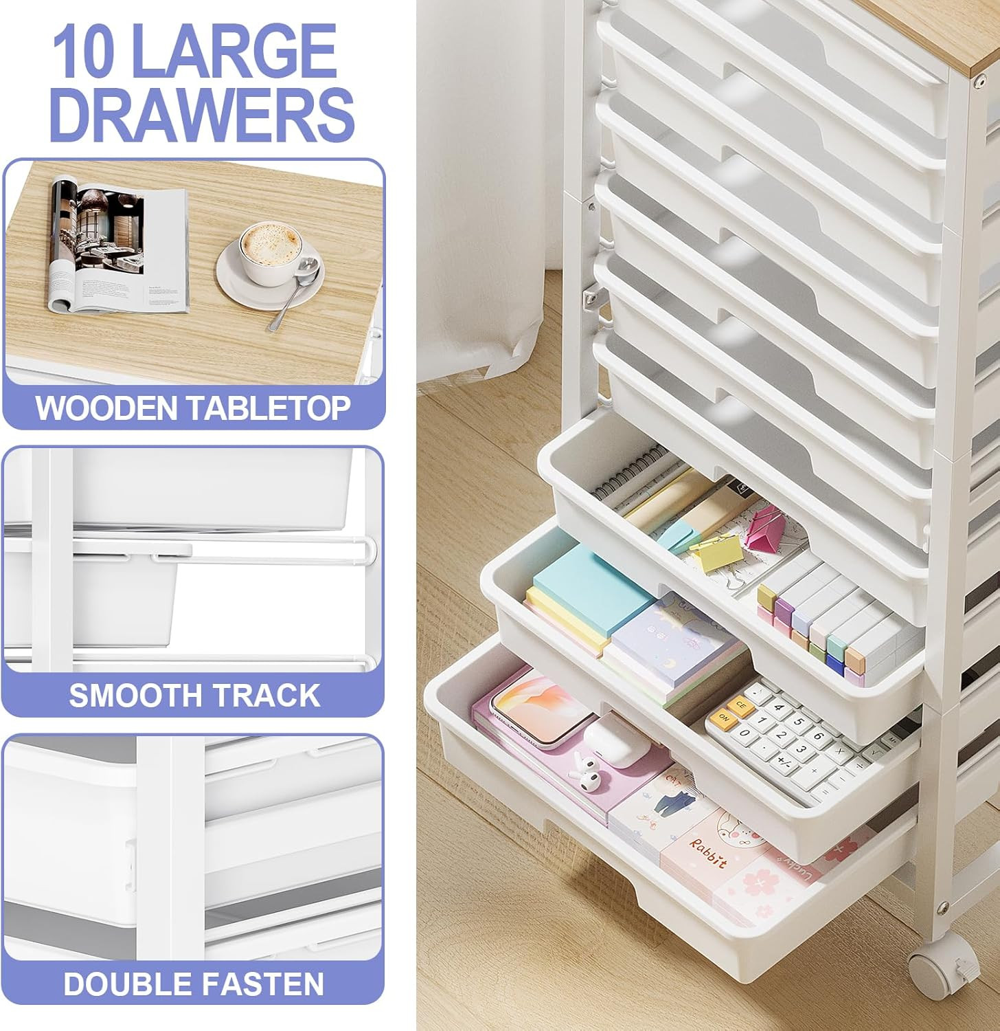 Rolling Cart with Drawers,10 Drawer Rolling Cart,Storage Cart with Wheels,Utilit