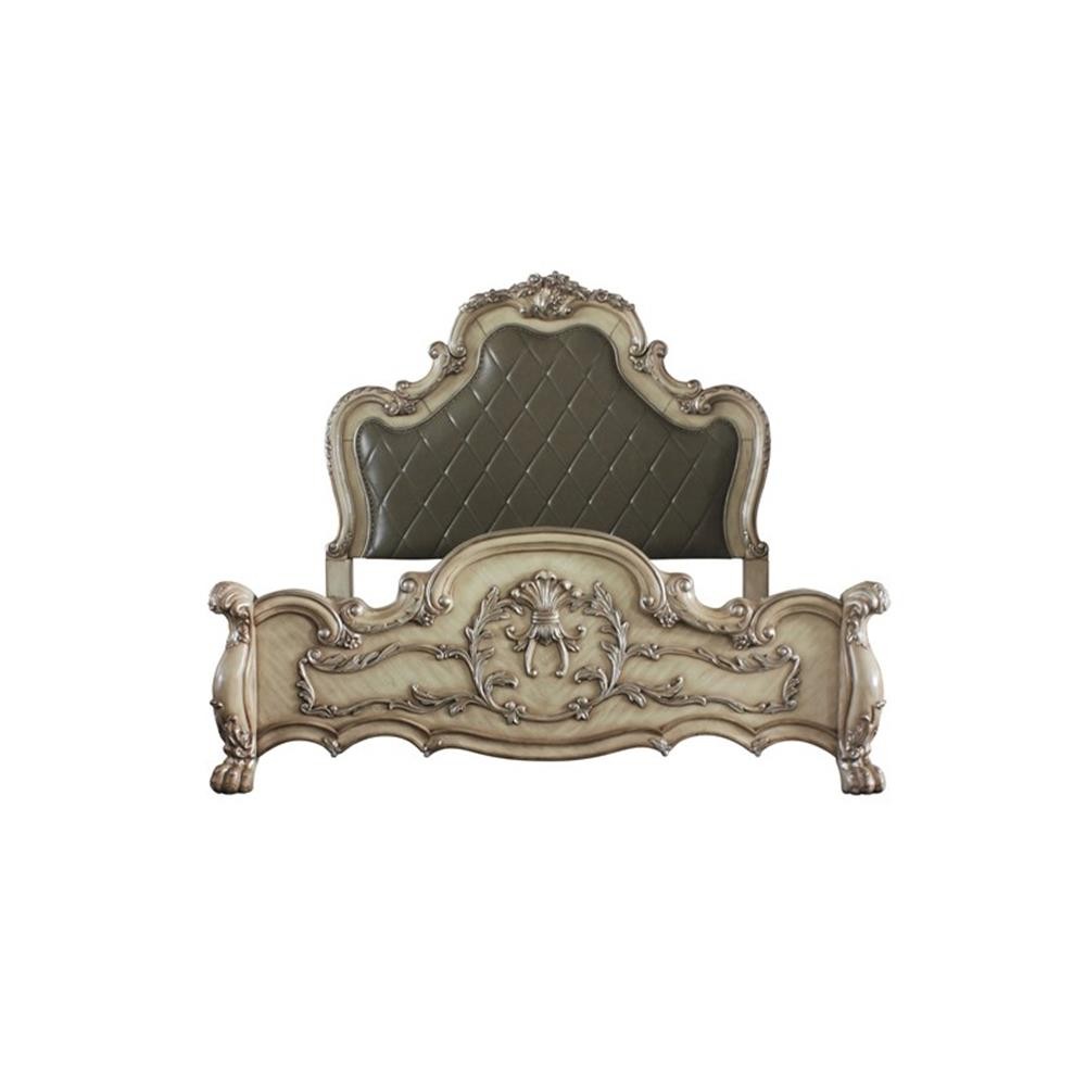 ACME Dresden Faux Leather Tufted Queen Panel Bed in Vintage Bone White