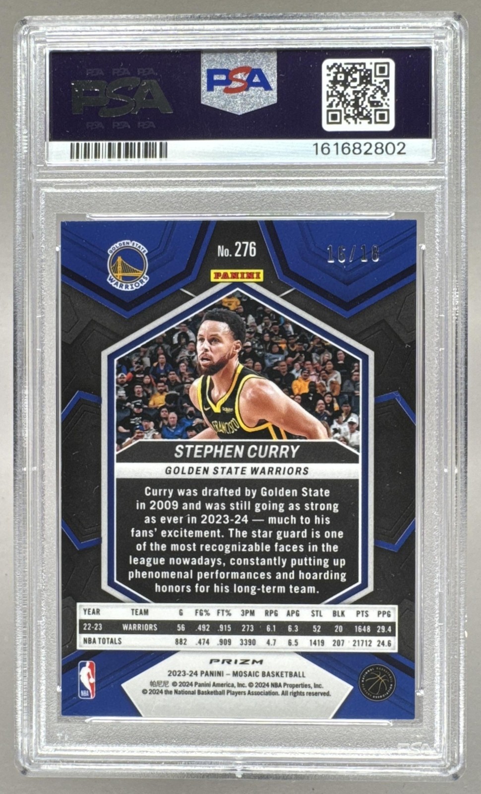2802 Stephen Curry 2023 Panini Mosaic Pink Swirl FOTL City Edition /18 PSA 9 view 2