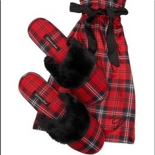 VICTORIA'S SECRET Signature Satin Slippers Plaid Med  Lg Sizes