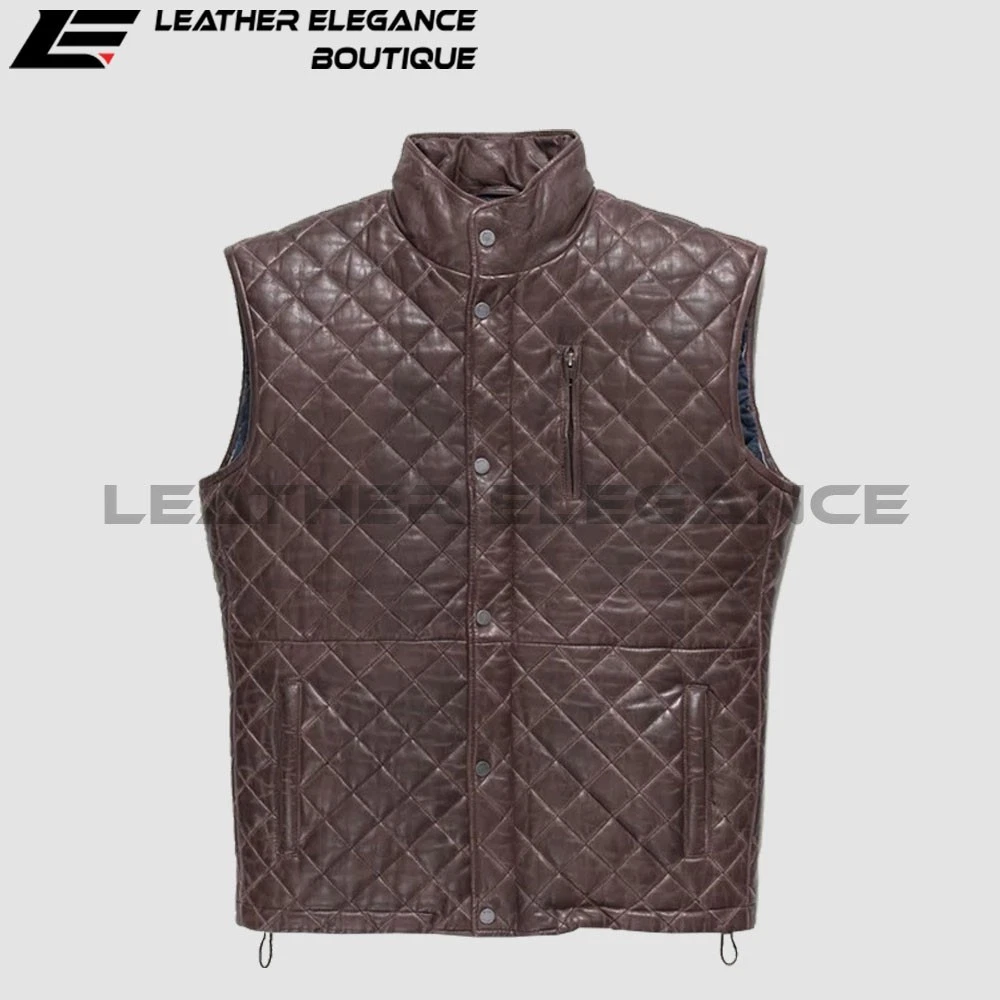 Quilted Brown Leather Puffer Vest For Men Handmade in Lambskin