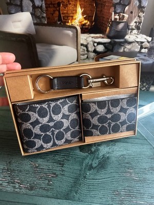 NIB COACH Boxed 3-In-1 Wallet Gift Set SV /DENIM Chalk Leather Key