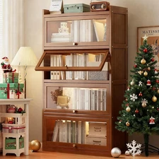 55" Bamboo Bookcases,Book Shelfs with Acrylic Doors,Freestanding Display Storage