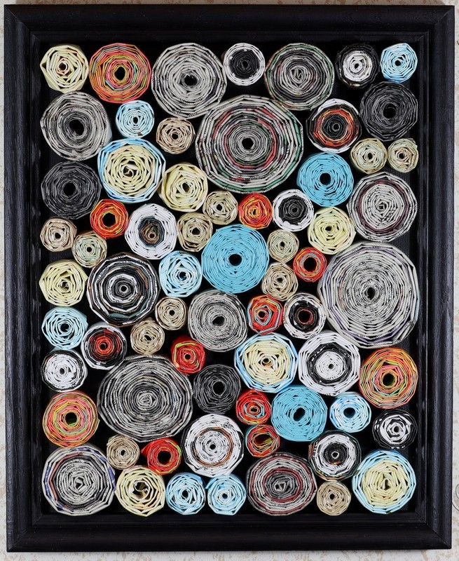 PAPER COILS 1  Vintage Framed Boho Circle Art 9 x 11 x 5/8 inches Karla Gerard