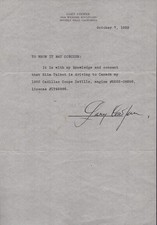 GARY COOPER - DOCUMENT SIGNED 10/07/1952