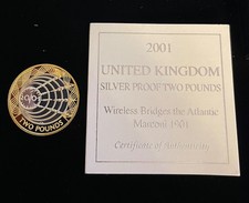 2001 silver proof £2 coin marconi fine gold plated