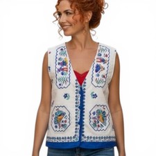 Vintage Handmade Upcycled Folk Art Cross Stitch Print Vest White Blue Gold Lined