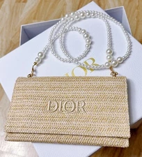 Christian Dior Novelty Clutch Pouch 2023 Summer Raffia With Pearl Chain Strap