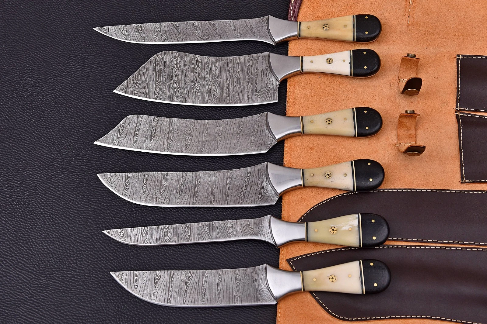 CUSTOM HANDMADE DAMASCUS STEEL KITCHEN CHEF KNIFE SET BONE HANDLE WITH ROLL BAG