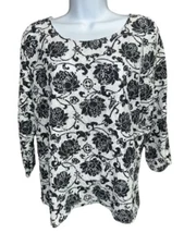Rebecca Malone Top Women Large Black White Floral Lace Lined Stretch 3/4 Sleeves