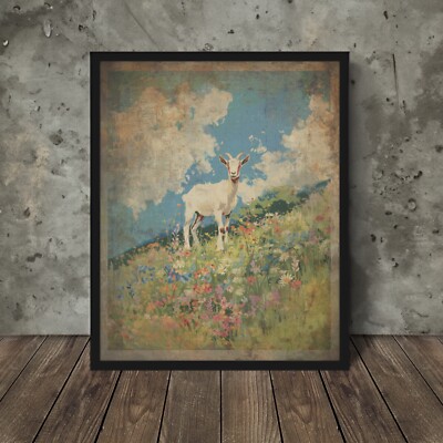 Retro GOAT FLOWER Wall Art, Botanical Farm Animal Poster, Nature Floral Print