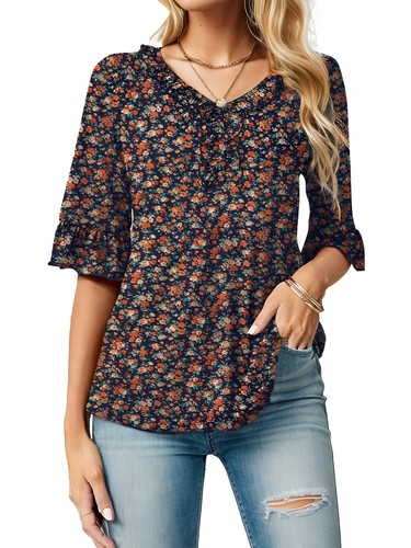 Damen Freizeit V-Ausschnitt T-Shirts locker 3/4 Glockenärmel Tops Rüschen Blusen NEU - Bild 11 von 14