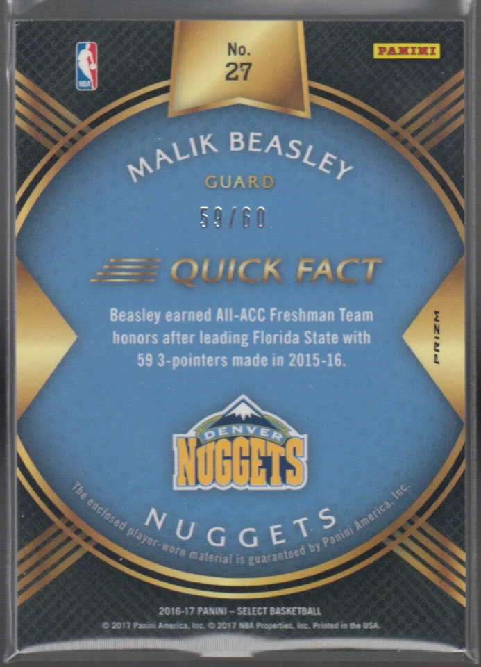 MALIK BEASLEY 2016-17 Panini Select Rookie Swatches Prizms Orange #27 RC 59/60 - Image 2 of 2