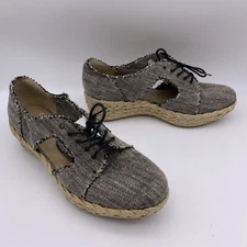 Stuart Weitzman Black Gray lace Up Oxford Wedge Espadrilles Size 7 Fabric